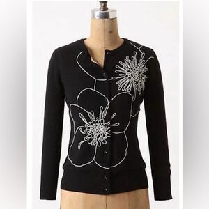 ANTHROPOLOGIE TABITHA Outline Celadine Cardigan Black W/White Fully Lined M